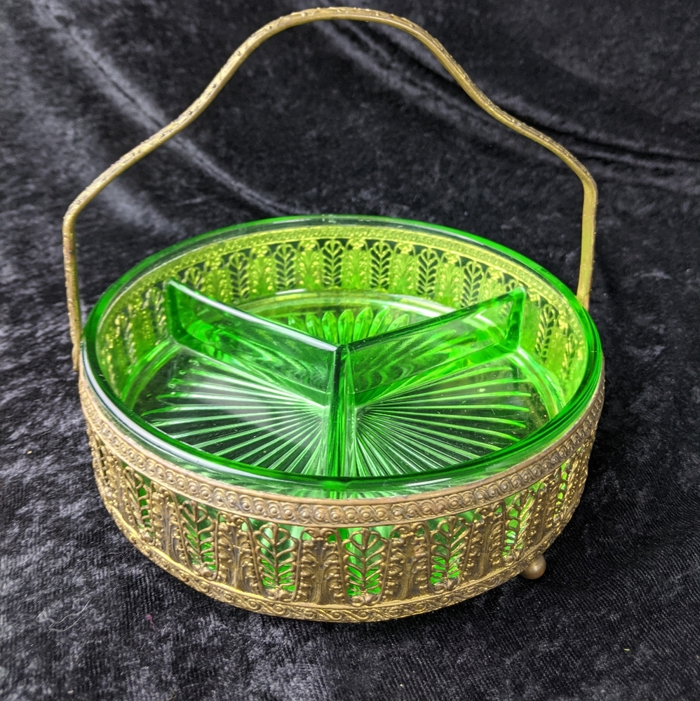 Vintage ornate brass & green glass relish or snack dish